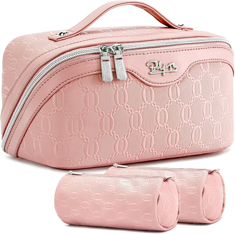 BOYATU Travel Makeup Bag for Women: Cosmetic Organizer Bag with Compartments - Leather Make up Bags Set of 3 (G-3-Pink) - Image 1